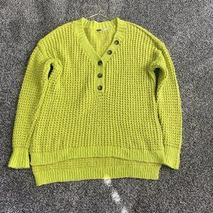 Free People Whistle Thermal Henley Oversized Chunky Knit Sweater Size M Lime